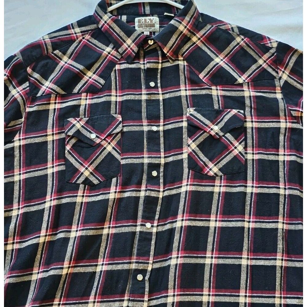 VTG Ely‎ Cattleman Flannel Pearl Snap Shirt Mens 2XL Western Black Plaid Cowboy